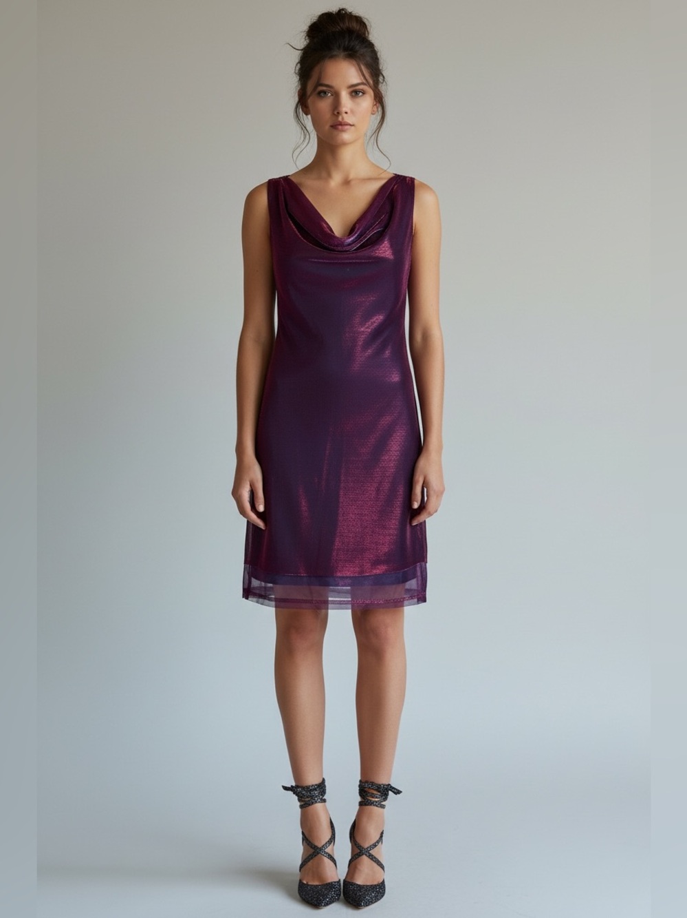 90s Plum Metallic LIQUID Metallic Shimmer Cowl Neck Cocktail Dress | S